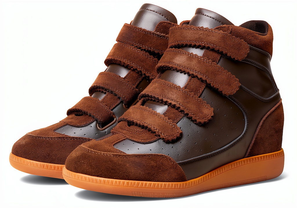 Brown suede shoes displayed on a wooden background