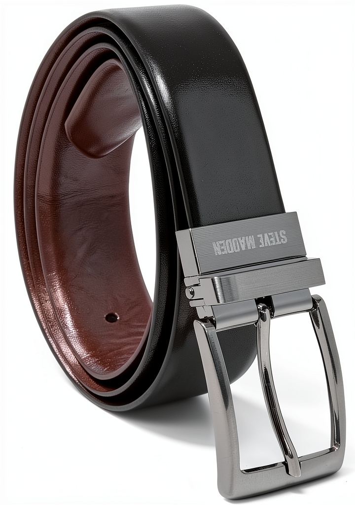 Steve Madden reversible leather belt showing black and brown sides