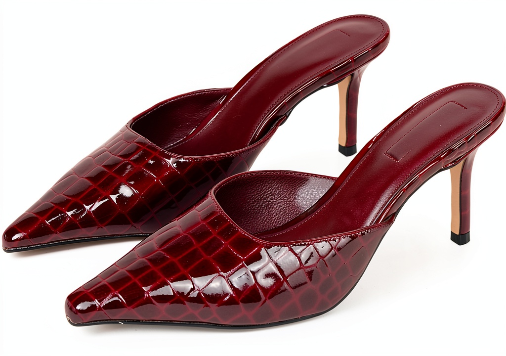 Red Croco leather shoes displayed on a wooden background
