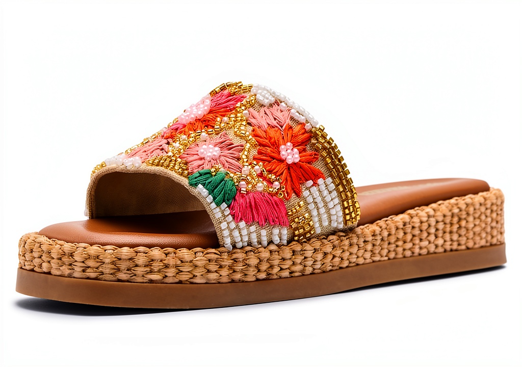 Model wearing floral multi shoes on a sunny patio